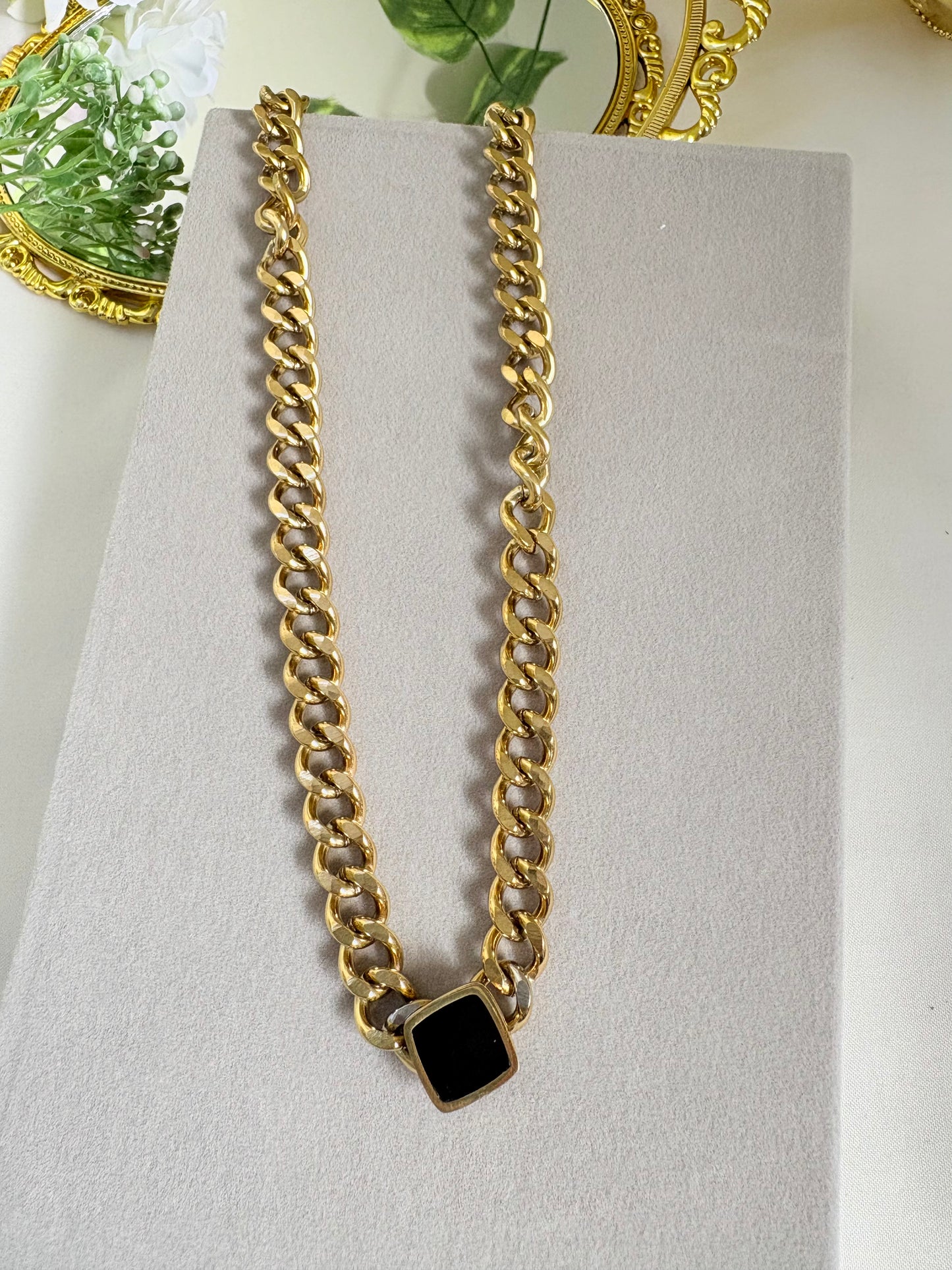 Cuban Link Chain Necklace with Black Accent Pendant