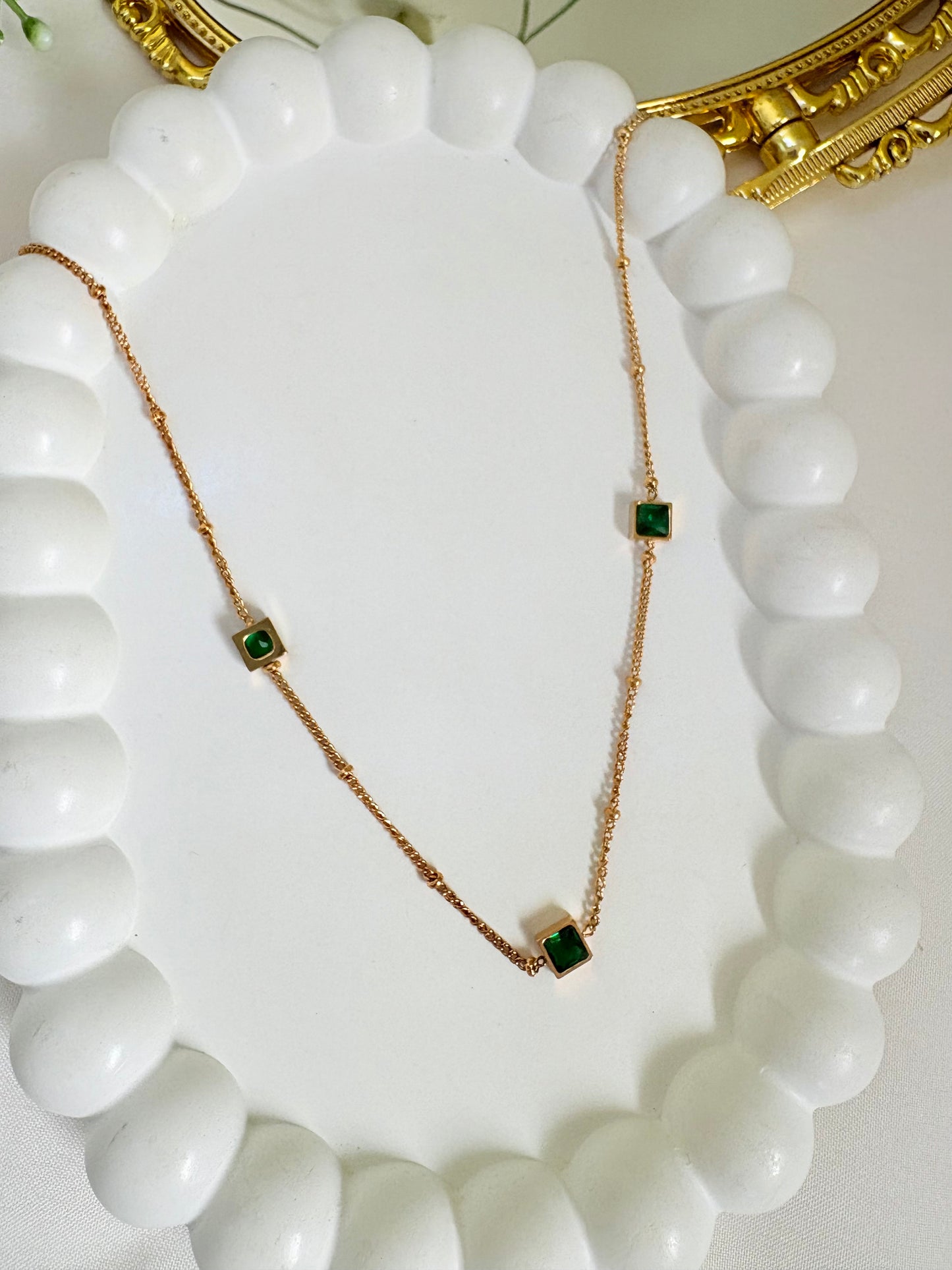 Square Bezel Station Necklace in Emerald Green