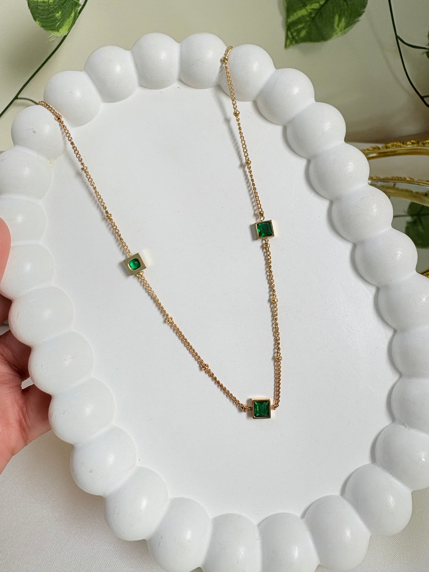 Square Bezel Station Necklace in Emerald Green