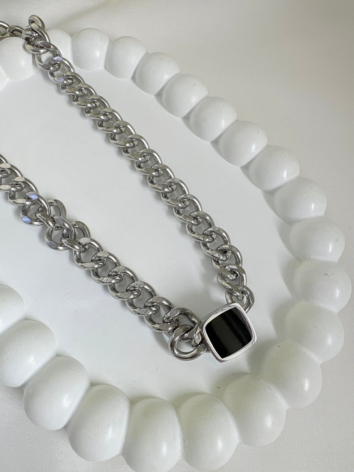 Bold Silver-Plated Cuban Link Chain Necklace with Black Accent Pendant