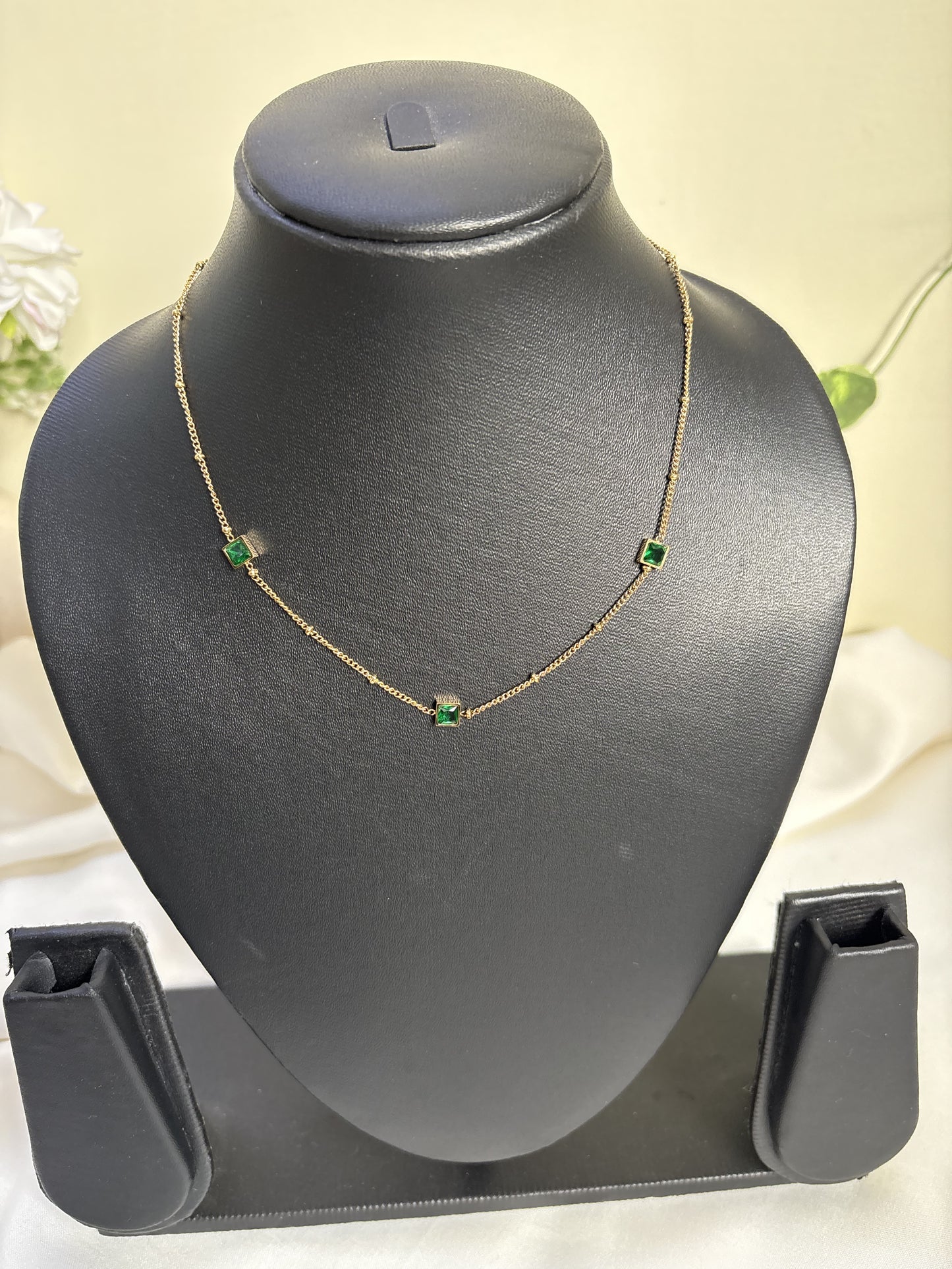 Square Bezel Station Necklace in Emerald Green