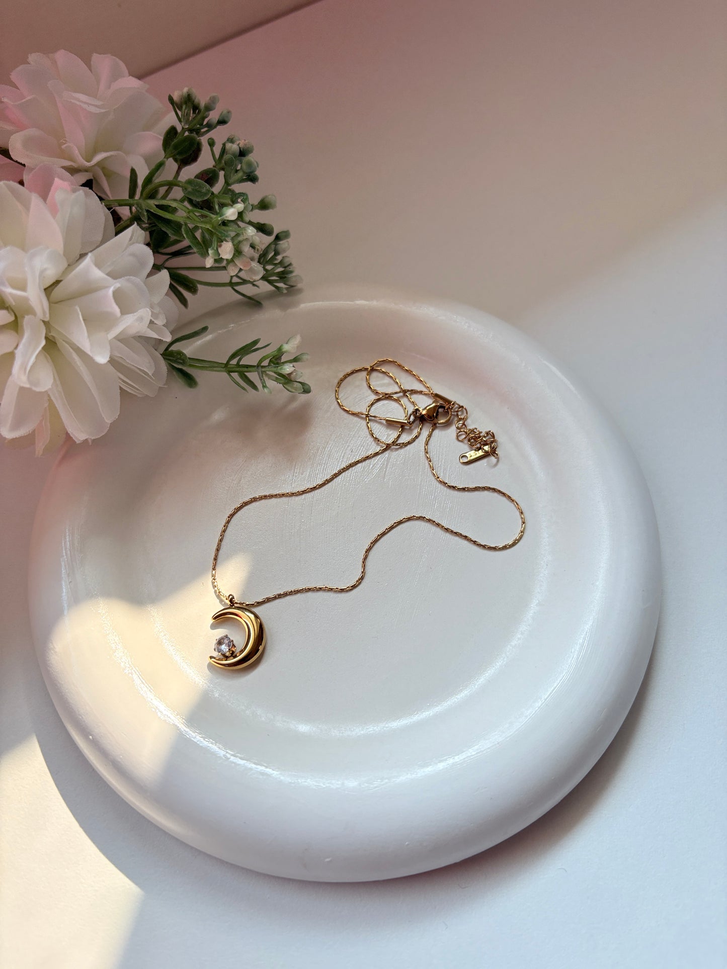 Golden Crescent Moon Necklace with Crystal Accent