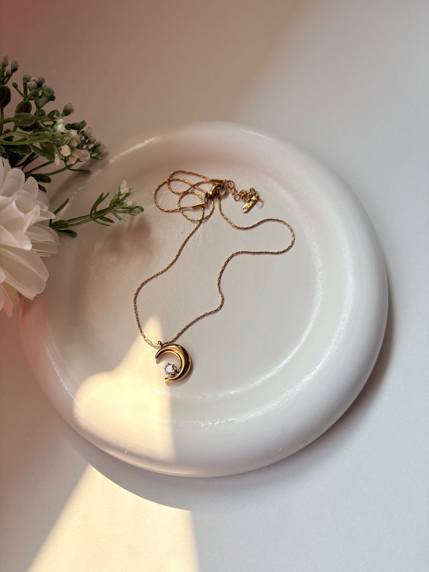 Golden Crescent Moon Necklace with Crystal Accent