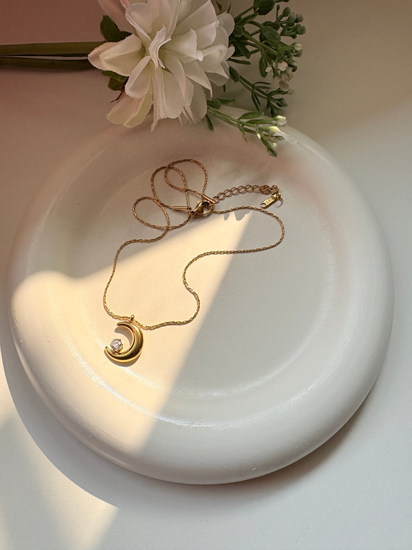 Golden Crescent Moon Necklace with Crystal Accent