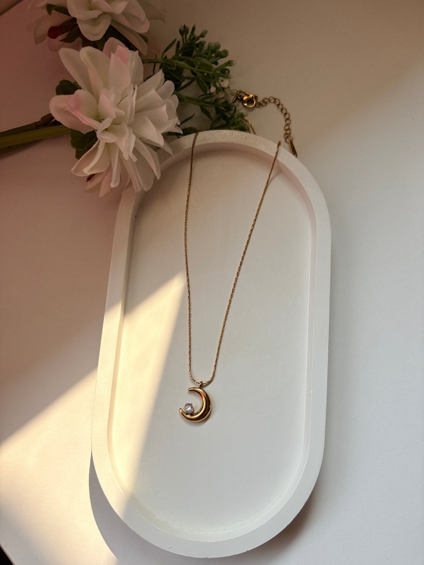 Golden Crescent Moon Necklace with Crystal Accent