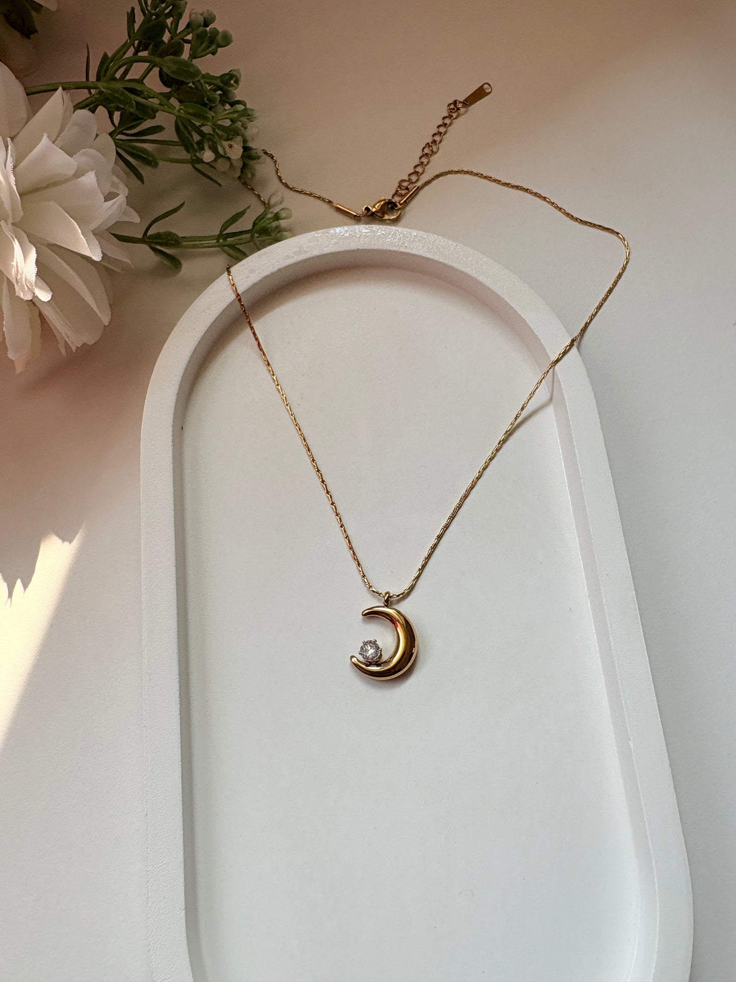 Golden Crescent Moon Necklace with Crystal Accent
