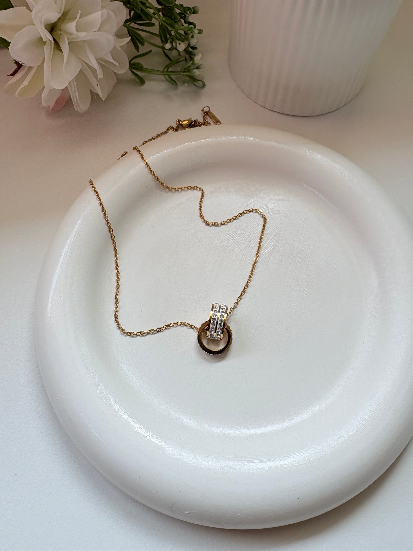 Premium Quality Gold Pleated Circle & Crystal Ring Pendant Necklace