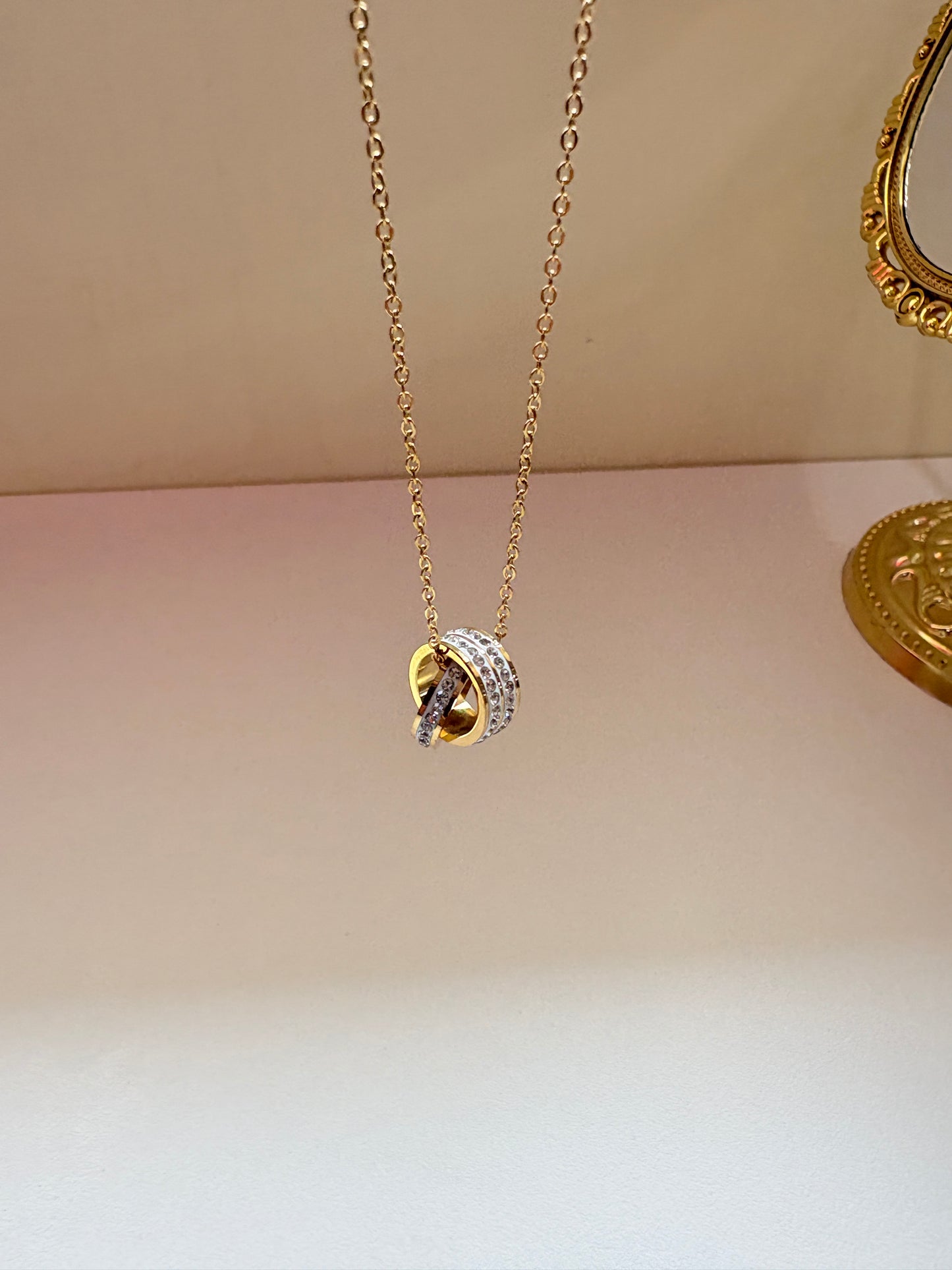 Premium Quality Gold Pleated Circle & Crystal Ring Pendant Necklace