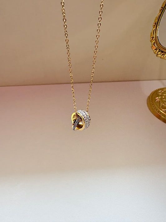 Premium Quality Gold Pleated Circle & Crystal Ring Pendant Necklace