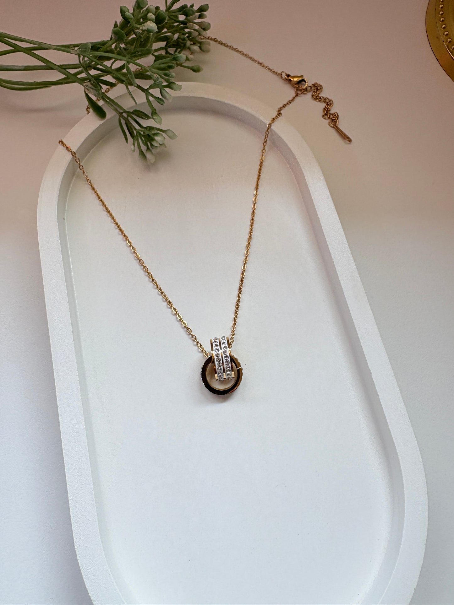 Premium Quality Gold Pleated Circle & Crystal Ring Pendant Necklace