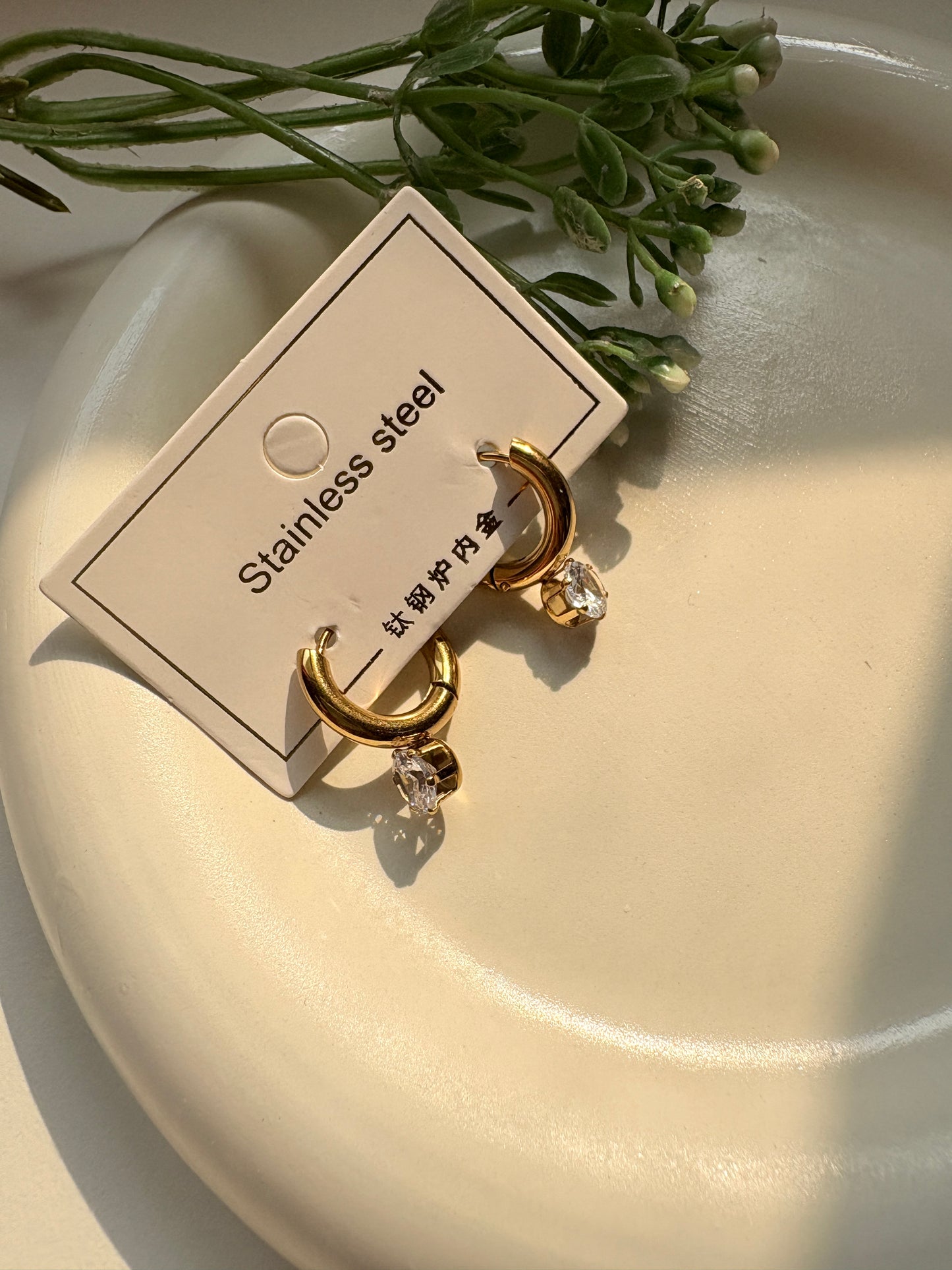 Golden Hoop Earrings with Round Crystal Drop