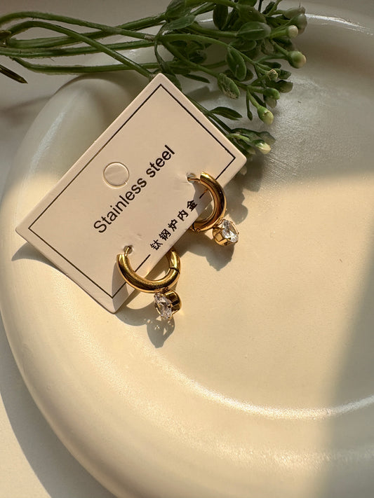 Golden Hoop Earrings with Round Crystal Drop