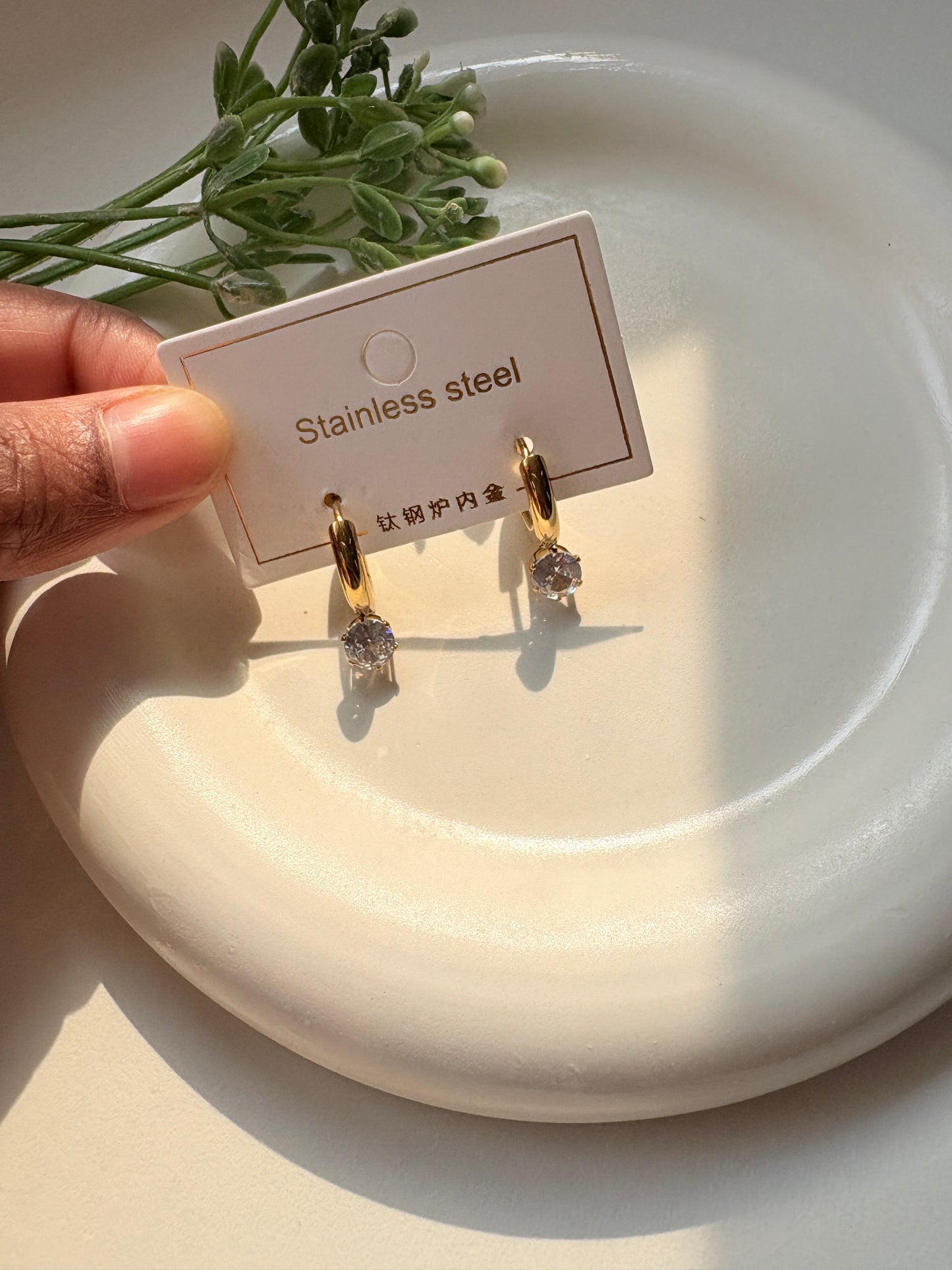 Golden Hoop Earrings with Round Crystal Drop