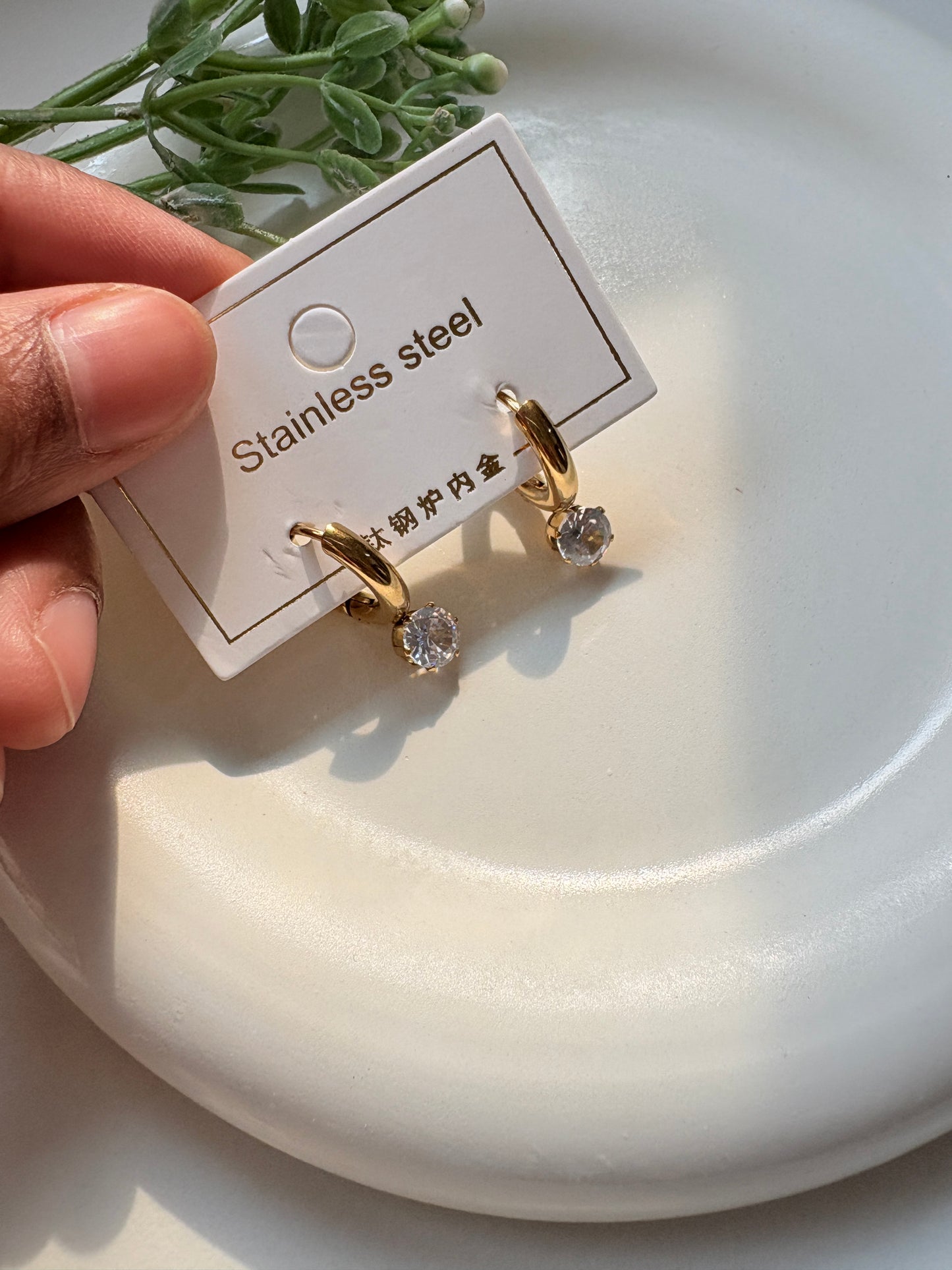 Golden Hoop Earrings with Round Crystal Drop