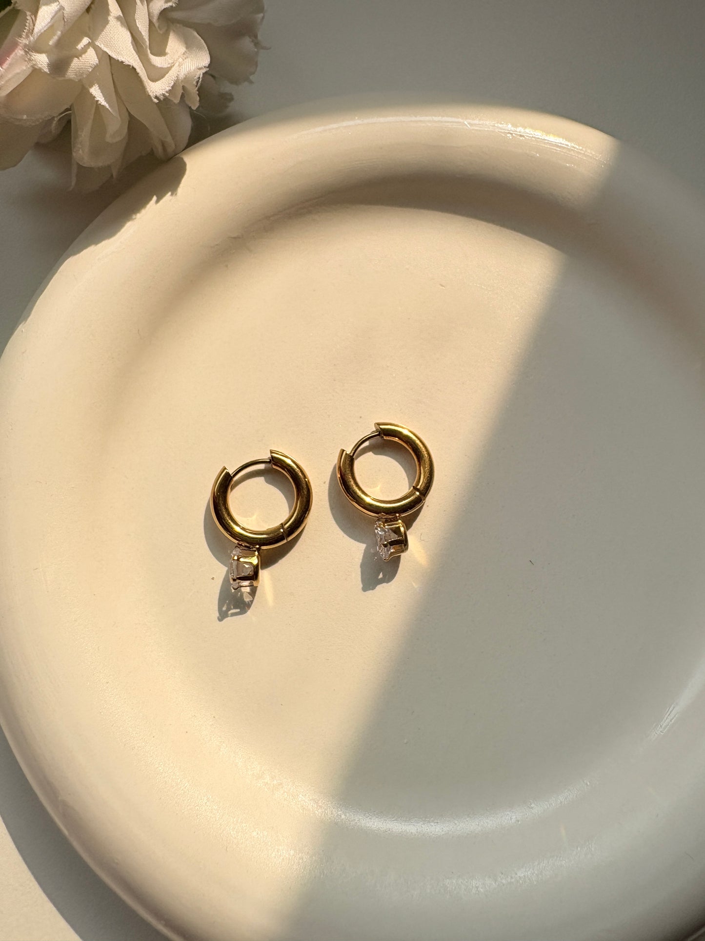 Golden Hoop Earrings with Round Crystal Drop