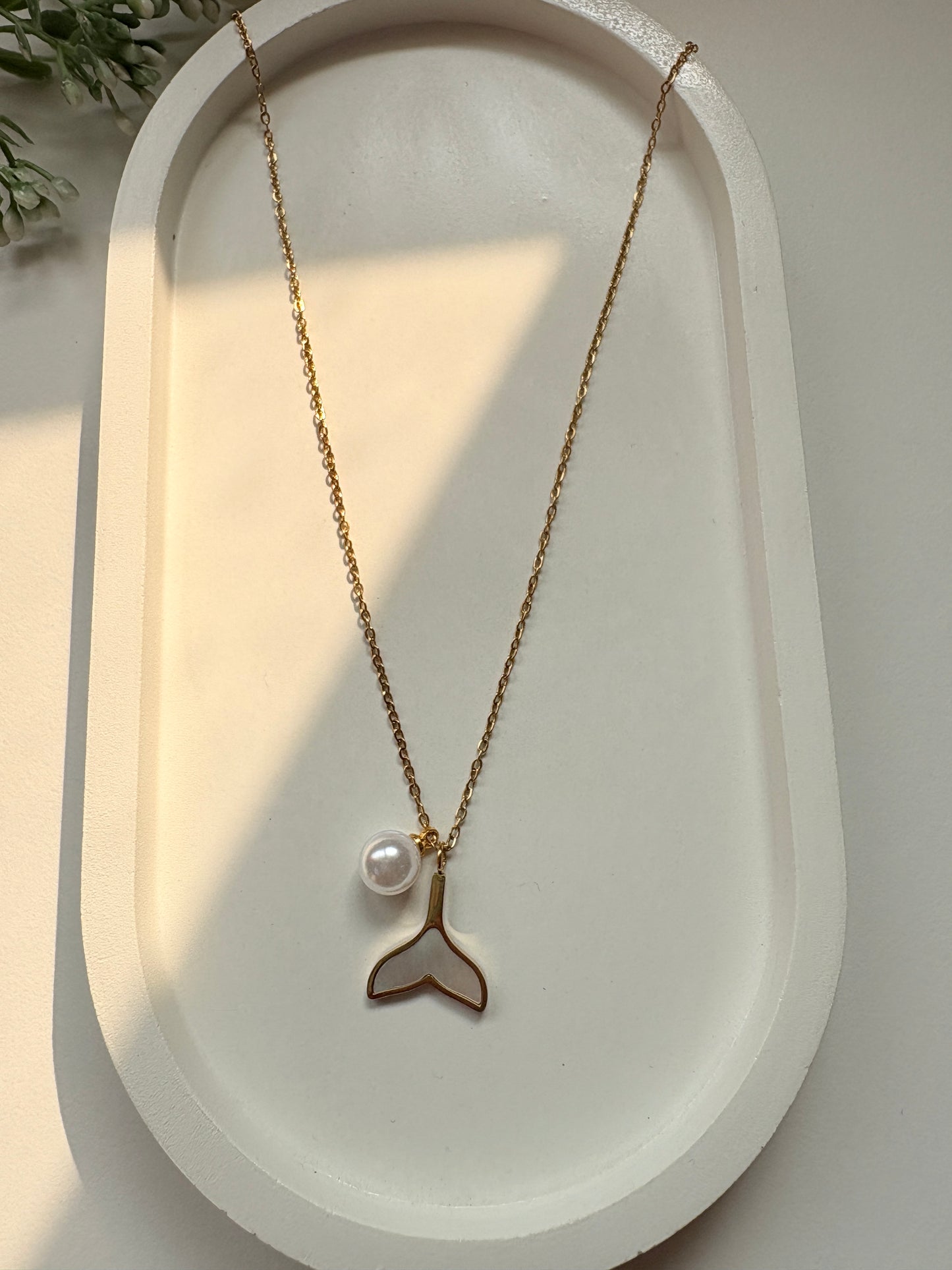 Golden Whale Tail Pendant Necklace with Pearl