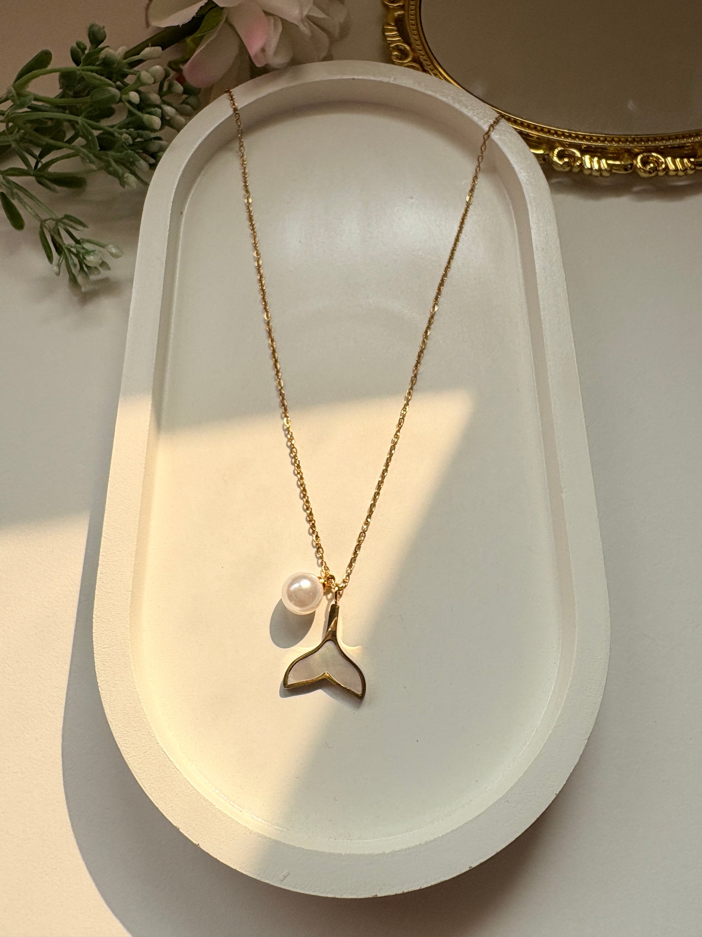 Golden Whale Tail Pendant Necklace with Pearl