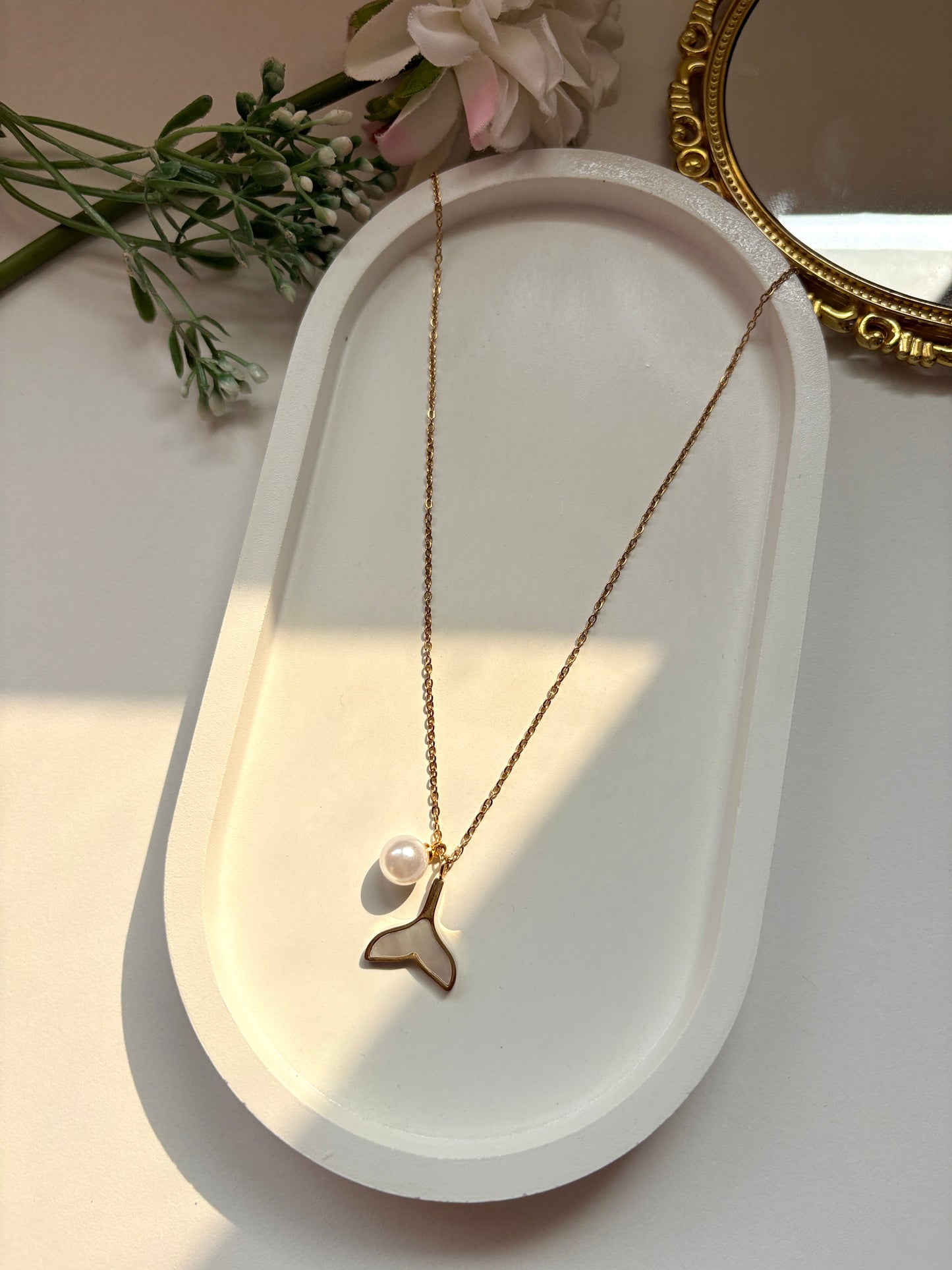 Golden Whale Tail Pendant Necklace with Pearl