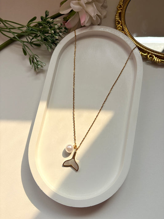 Golden Whale Tail Pendant Necklace with Pearl