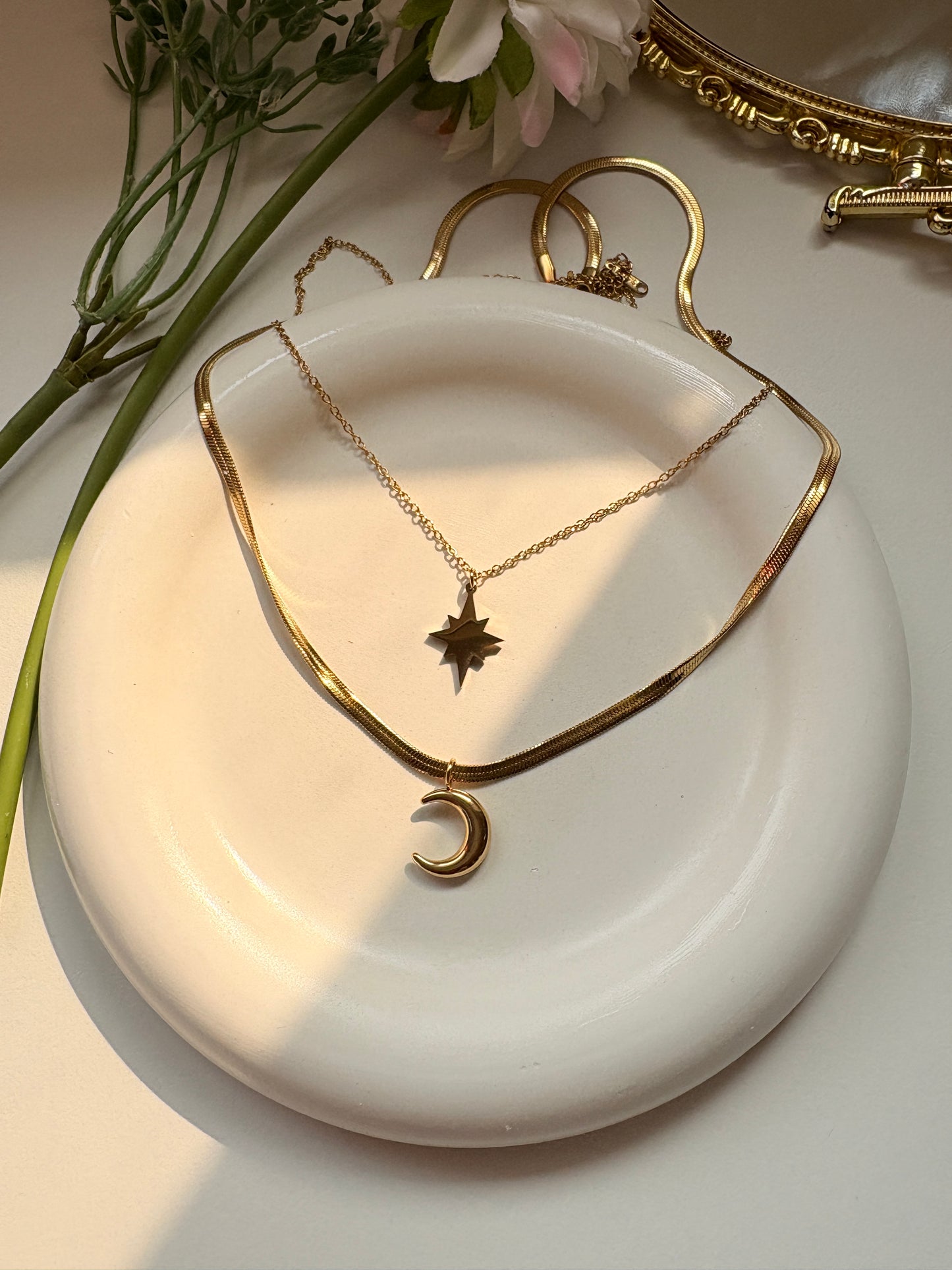 Star & Moon Layered Necklace Gold Pleated