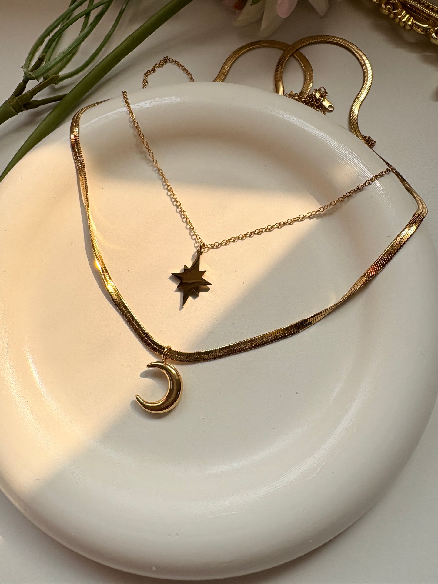 Star & Moon Layered Necklace Gold Pleated