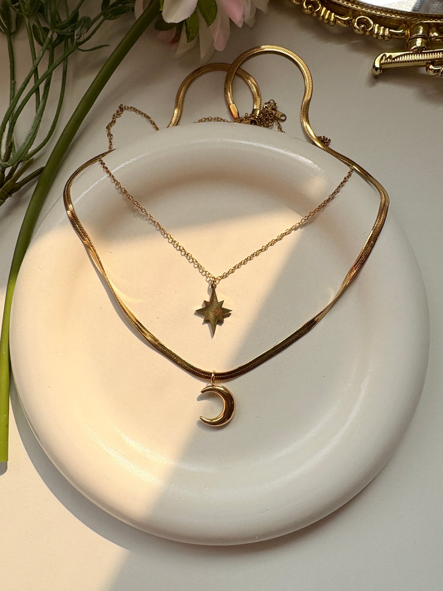 Star & Moon Layered Necklace Gold Pleated