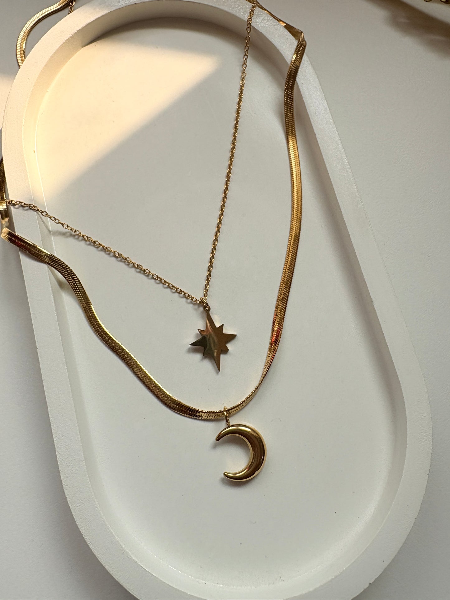 Star & Moon Layered Necklace Gold Pleated