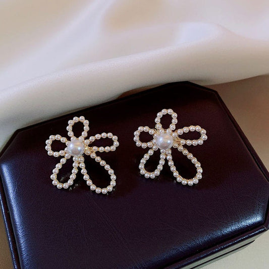 Korean Pearl Flower White Stud Earrings