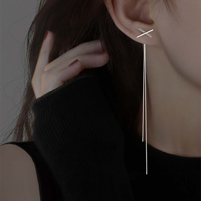 Silver Crossover Long Tassel Earrings