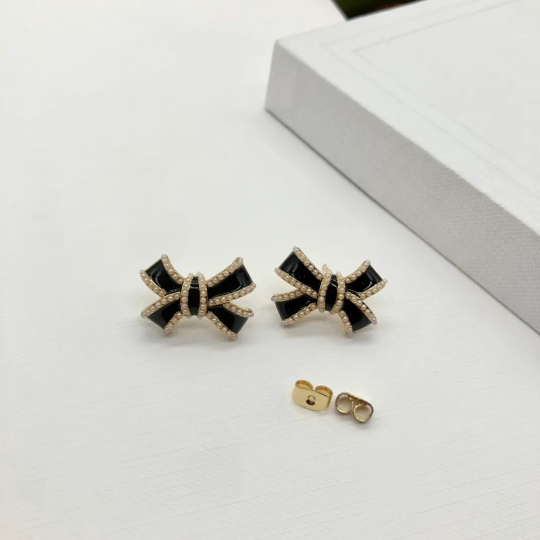 Korean Bow Stone Stud Earrings