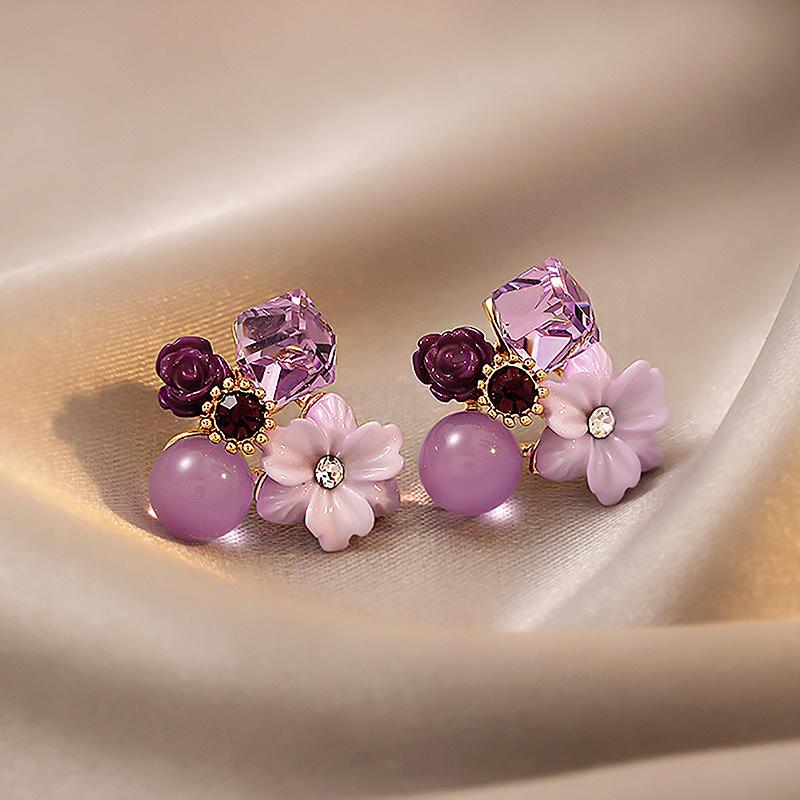 Purple Crystal Flower Stud Earring