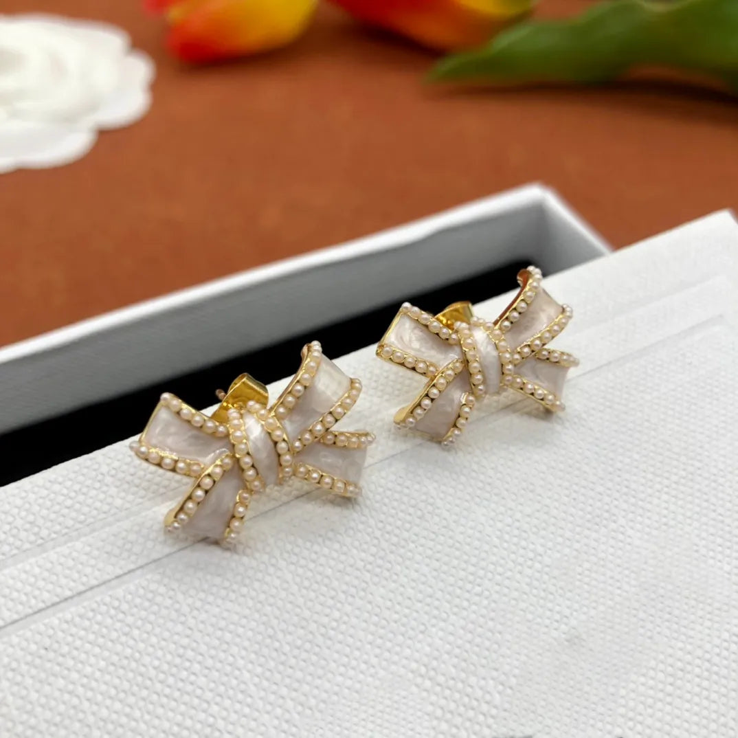 Korean Bow Stone Stud Earrings