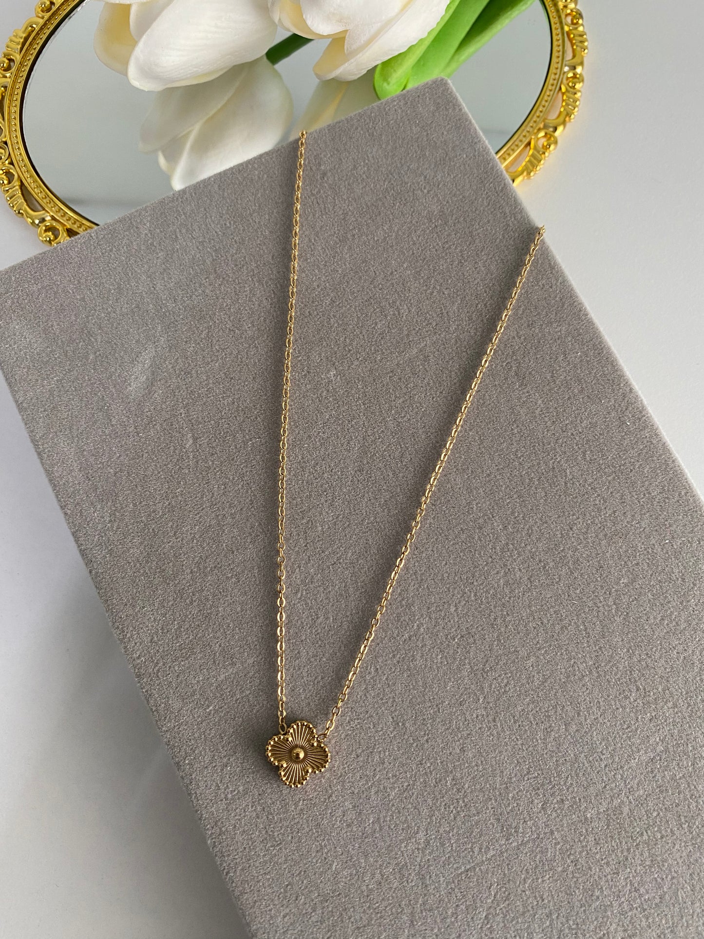 Gold Pleated Four Leaf Charms Chain Necklace