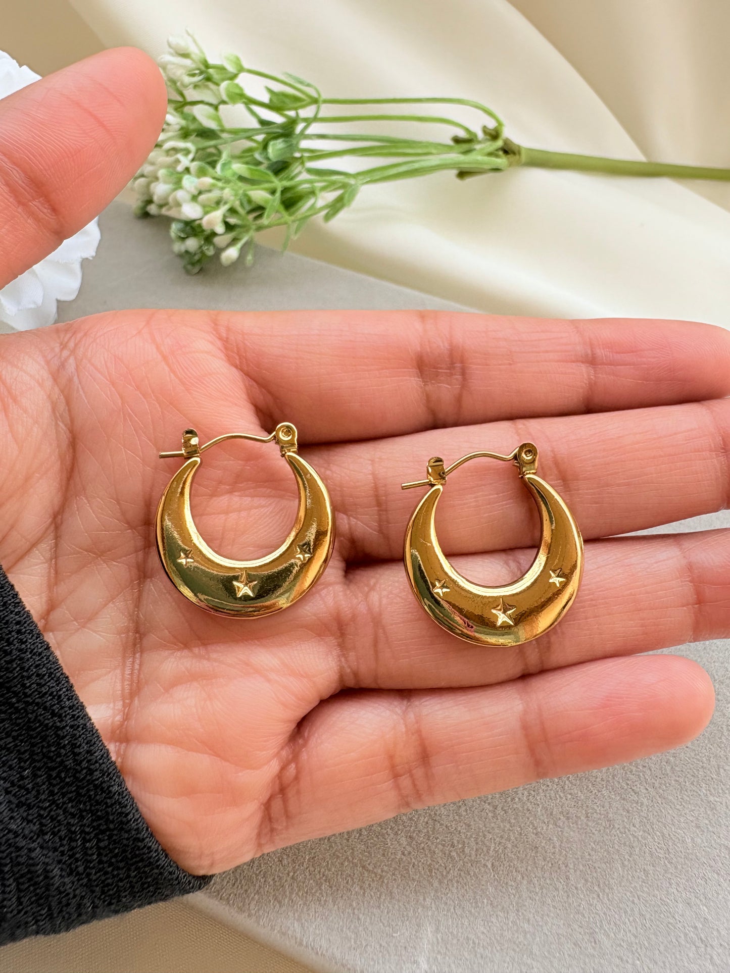 Gold Pleated Star Plus Moon Hoop Earrings - Anti-Tarnish