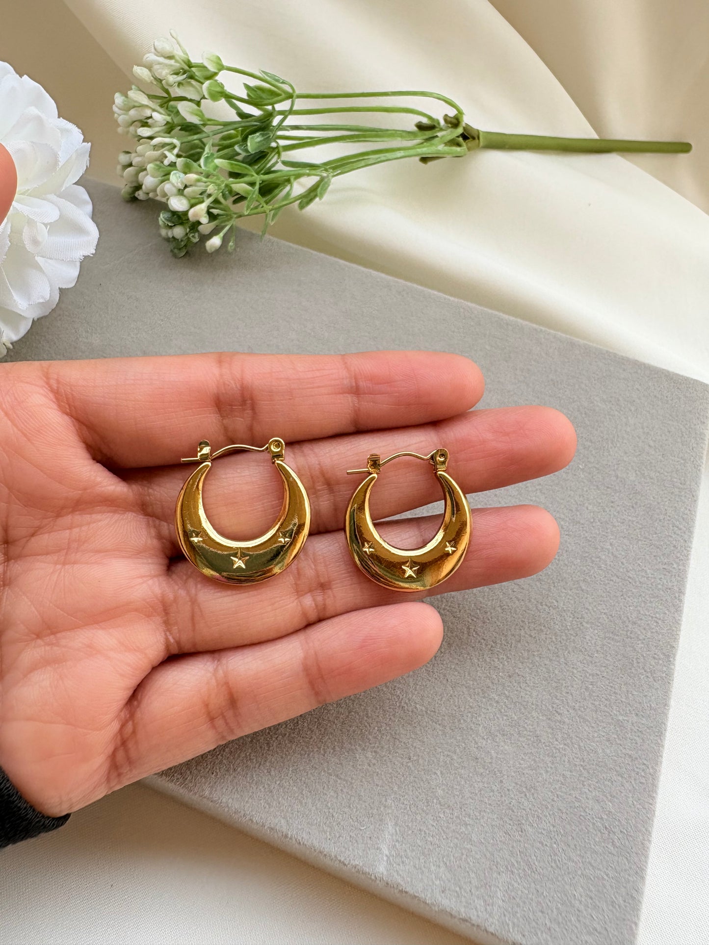 Gold Pleated Star Plus Moon Hoop Earrings - Anti-Tarnish