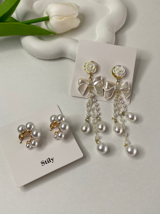 ( Pack of -2 ) Pearl Studded Gold And Party Bow Earrings