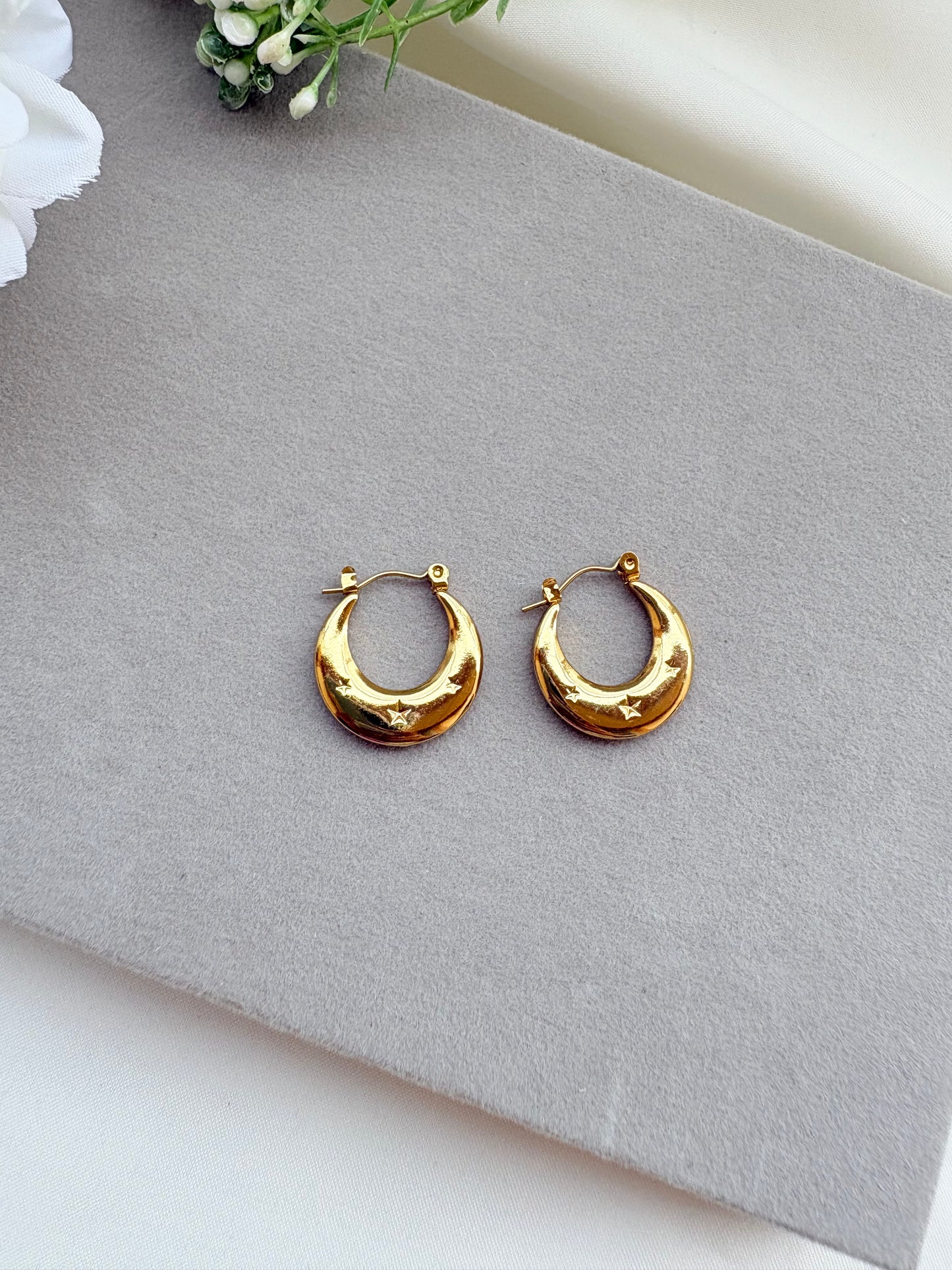 Gold Pleated Star Plus Moon Hoop Earrings - Anti-Tarnish