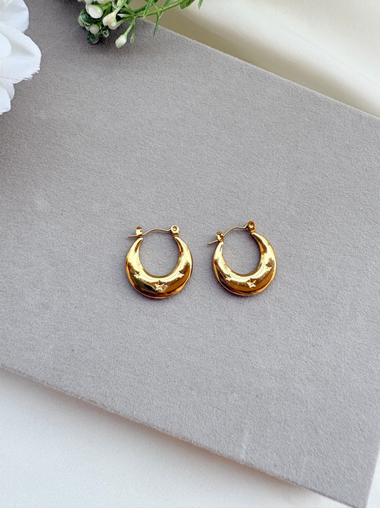 Gold Pleated Star Plus Moon Hoop Earrings - Anti-Tarnish