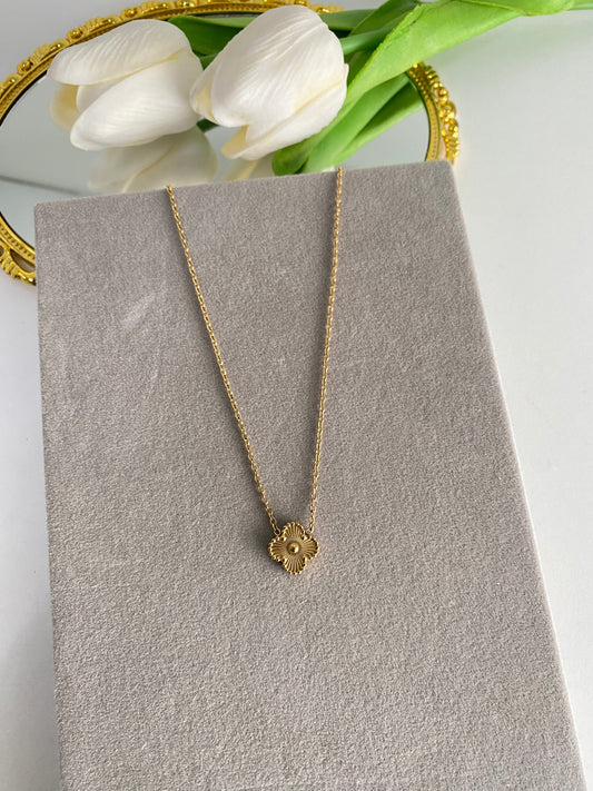 Gold Pleated Four Leaf Charms Chain Necklace