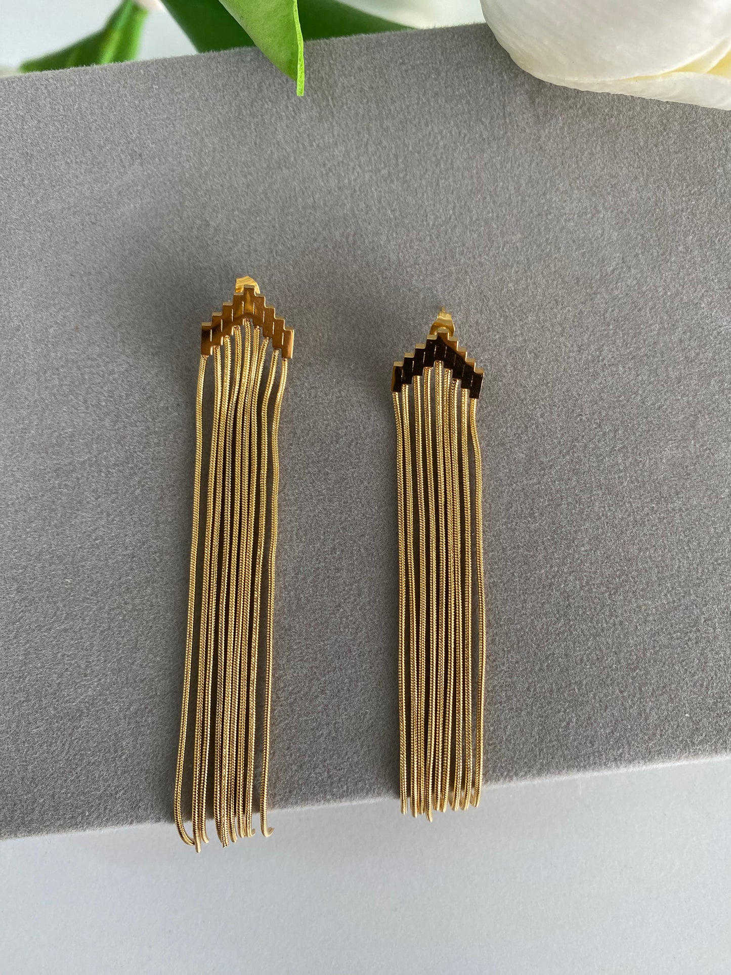 Chain Tassle Danglers Stainless Steel Gold Pleated Earrings