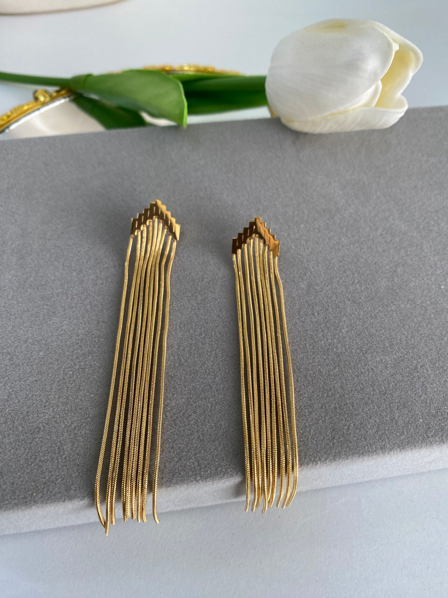 Chain Tassle Danglers Stainless Steel Gold Pleated Earrings