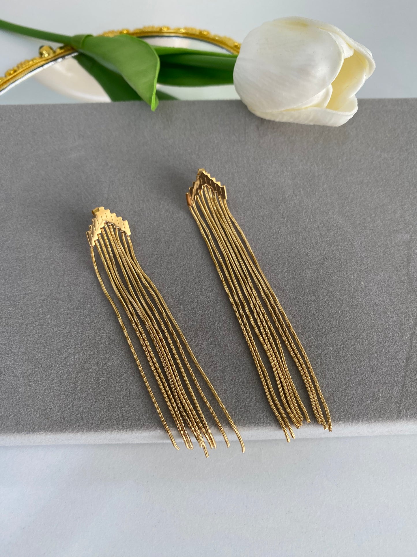 Chain Tassle Danglers Stainless Steel Gold Pleated Earrings