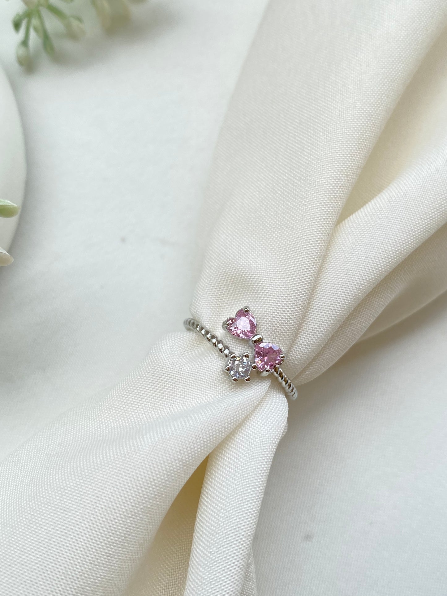 Silver Plated Pink Stone Bow Finger Ring