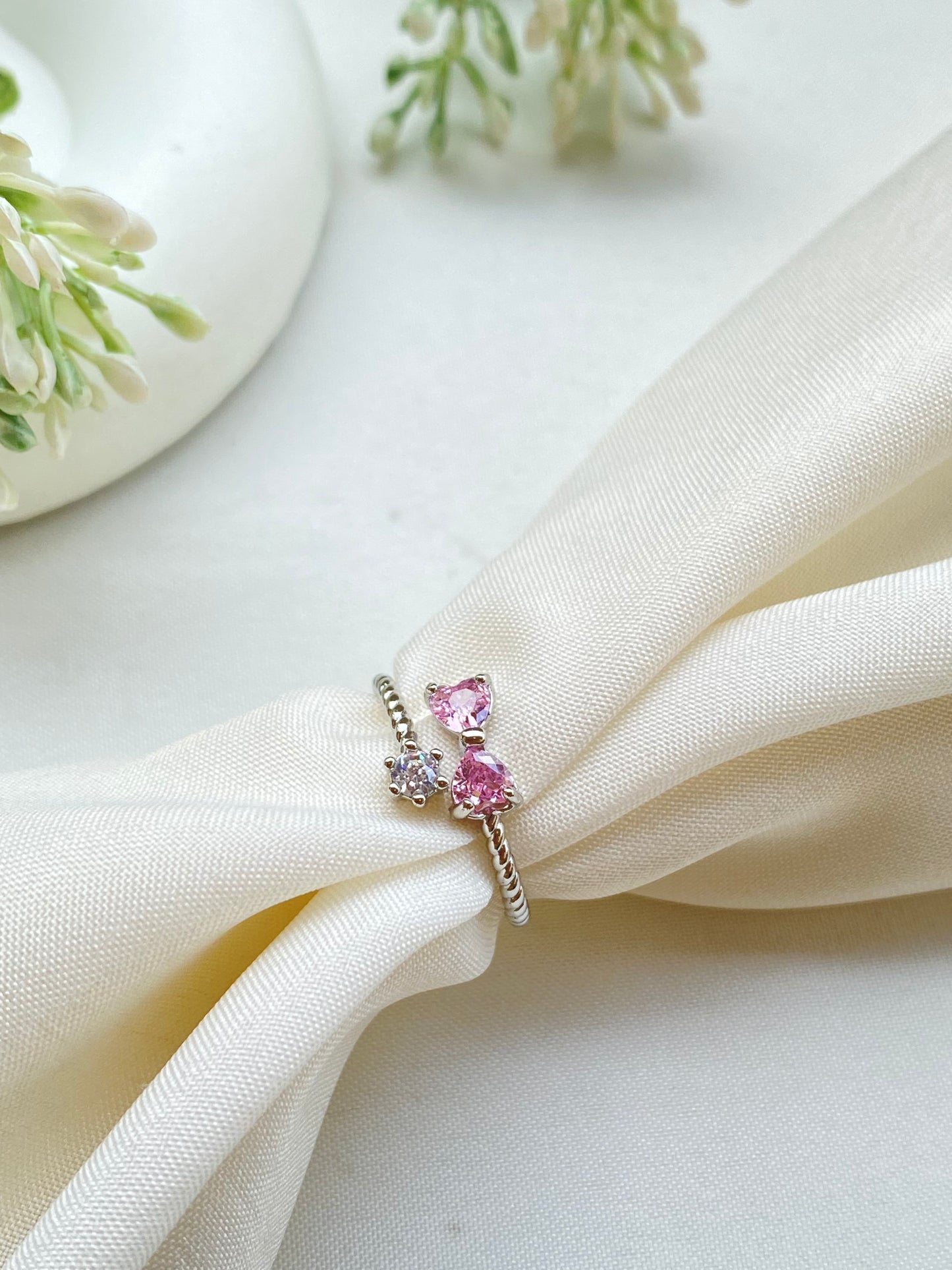 Silver Plated Pink Stone Bow Finger Ring