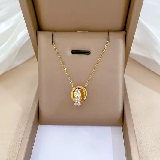 Premium Quality Gold Pleated Circle & Crystal Ring Pendant Necklace