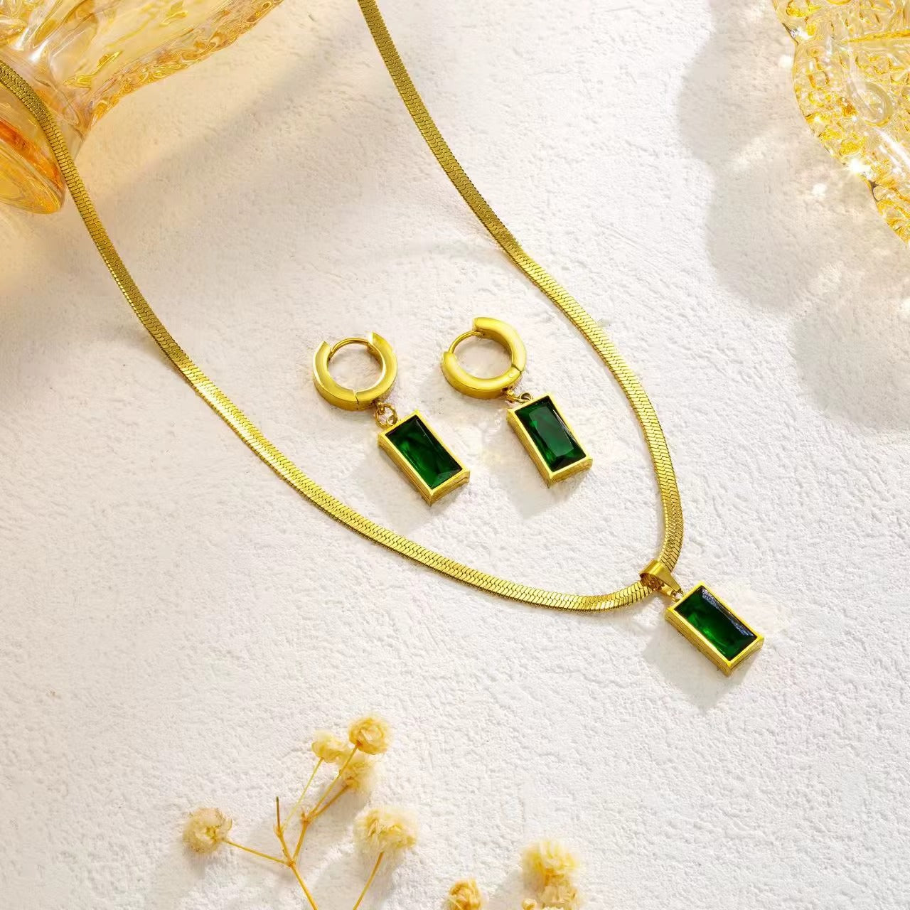 Luxe Green Crystal Rectangle Jewelry Set (Necklace + Earrings)