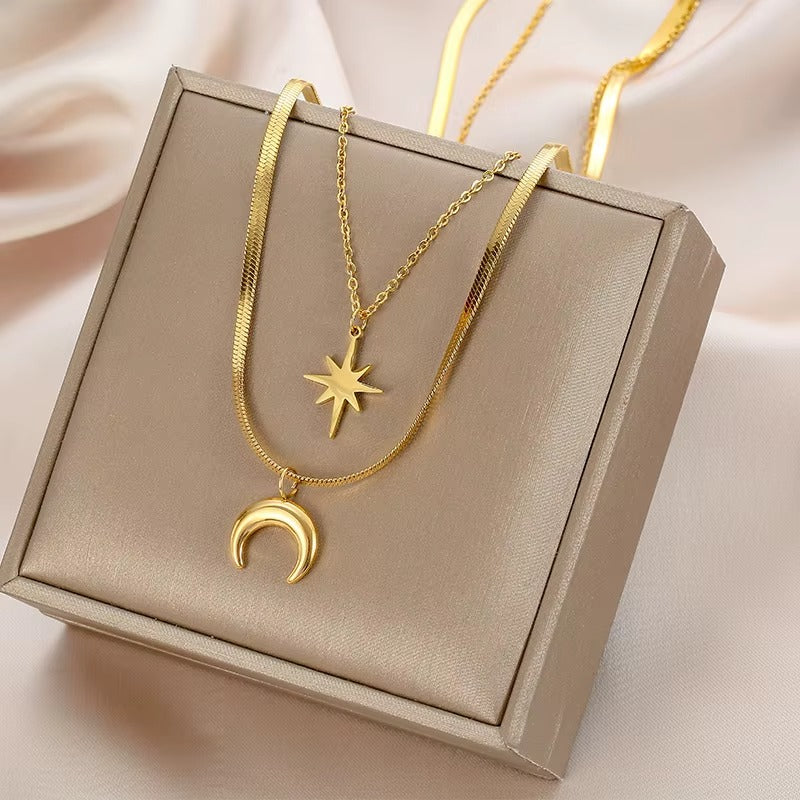 Star & Moon Layered Necklace Gold Pleated