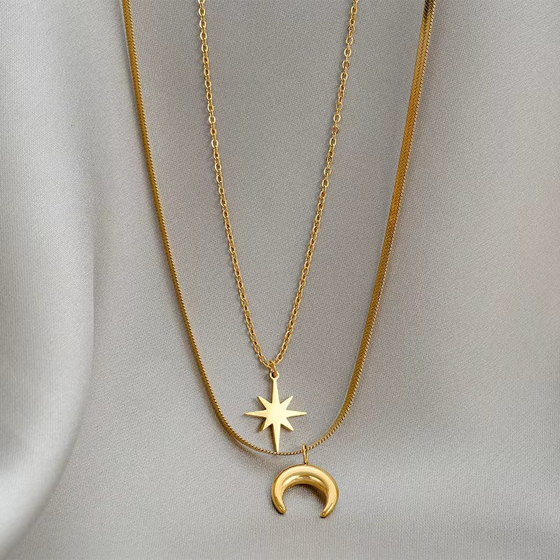 Star & Moon Layered Necklace Gold Pleated