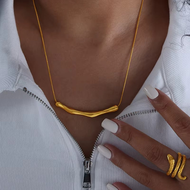 Gold Pleated Minimal Wave Bar Necklace