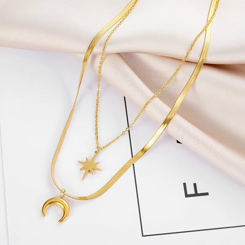 Star & Moon Layered Necklace Gold Pleated